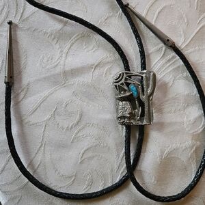 Vintage Southwest Turquoise Black Leather Bolo Necklace - Unisex